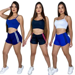 Top Alcinha Suplex e Short Fitness Feminino - Promoção Garra Sport - Preto - Preto  listra vermelha