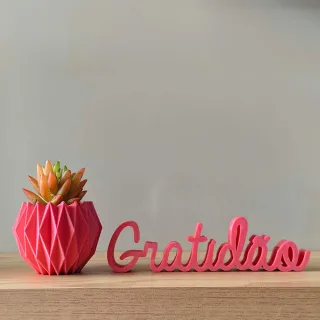 Palavra Gratidão e Kit Vaso Origami - Cobre