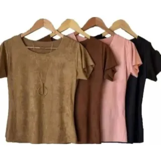Lançamento Blusa Camiseta Feminina Manga Curta Suede Multiformas - Rose