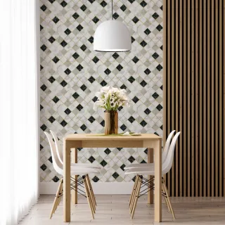 Azulejo Cozinha Papel de Parede Mármore Pedra Preta e Branca Linhas Douradas Lavável 3m - Único