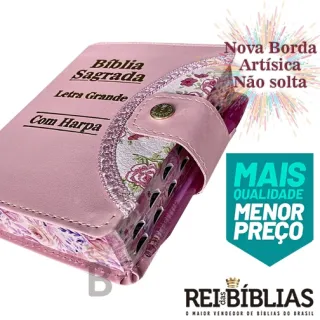 Bíblia Feminina Rosa com Letra Grande - Harpa, Botão e Caneta - Único