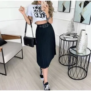 Moda Evangélica - Saia Plissada Mid - Azul Marinho