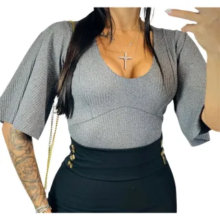 Moda Evangelica Blusa Feminina Premium Canelado Manga Flare - Listrado