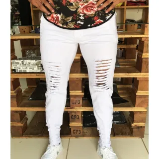Calça Slim Elastano Premium Rasgada Branca Destroyed Desfiada - 38