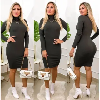Vestido Midi Manga Longa Gola Alta Inverno Frio - Chumbo