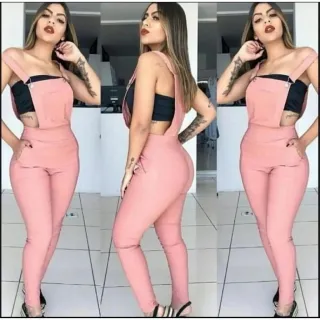 Roupa Longo Jardineira Feminina Macaquinho Bengaline Macacão - Preto