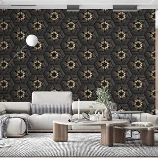Papel de Parede Lavável Autocolante Geométrico Flor 3D Dourado e Cinza Escuro - Sala Quarto - Único