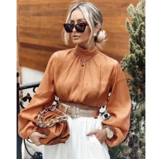 Camisa Social Gola Alta Estilosa - Tendência Moda Feminina - Preto