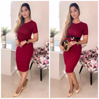 Feminino Executiva Secretária Tubinho Midi Vestido Evangélica - Vinho LISO