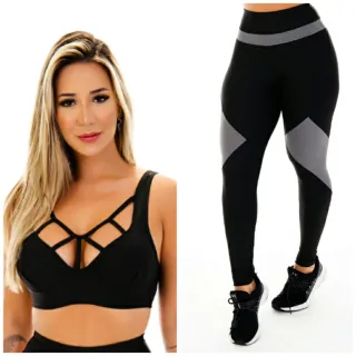 Roupas Femininas Conjunto Fitness Calça Preta+Top Com Bojo - Vermelho