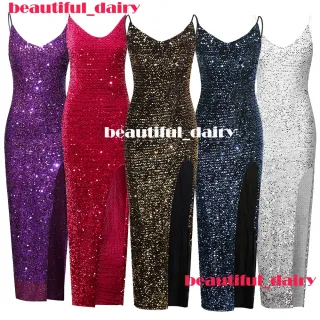 Vestido Lantejoulas Glitter Feminino Longo Sem Manga - Damasco