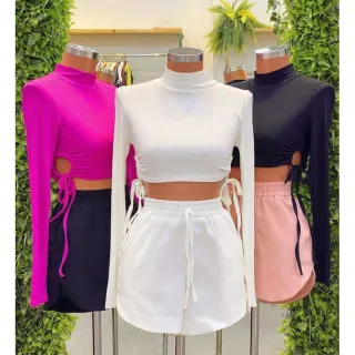 Canelado Manga Longa Amarração Top Cropped na Cintura - Verde Bandeira