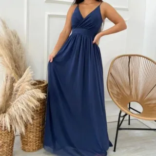 Vestido forrado alça longo de festa Tule - Azul Marinho