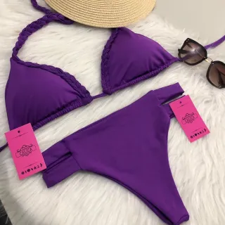 Calcinha Biquíni Hot Pant Cintura Alta Trançado Com Bojo Faixas - Calica moda praia - Rosa Escuro
