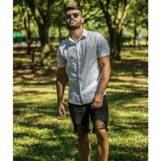 Verão Masculina Social Estampada Camisa - Listrada Vermelha