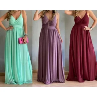 Vestido forrado alça longo de festa Tule