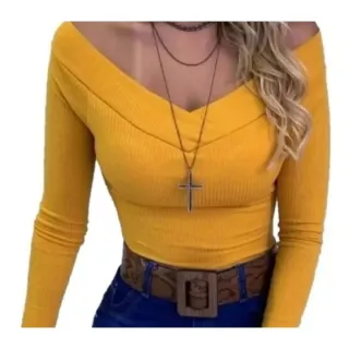 Promoção Blusa Feminina Manga Longa Ombro a Ombro Canelada - Cinza