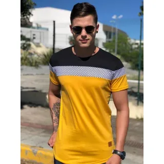 Camisa listrada masculina Longline, estilo swag em algodão penteado - PRETA COM BRANCO LISTRADO