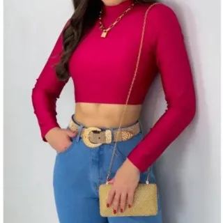 Lançamento: Blusinha Manga Longa Suplex Cropped Gola Alta Moda Outono Inverno - Vermelho