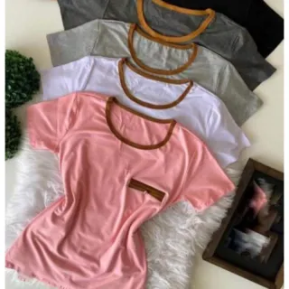 Moda verão: Blusa feminina t-shirt manga curta com bolsinho - mostarda