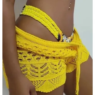 Conjunto Moda Verão: Kit Biquini Luxo com Bojo e Saída de Praia Short Crochê - G(Veste 44-46)