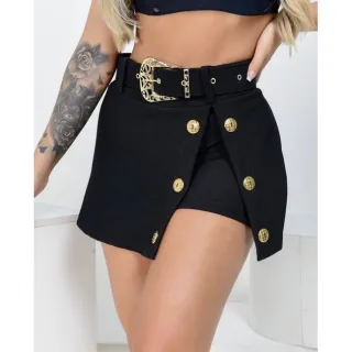 Moda blogueira: Shorts saia de malha pop com botões de luxo e cinto - Pink cinto fivela quadrada