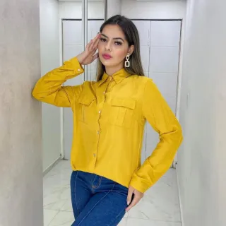 Camisa Social Manga Longa com Gola Botões Frente - Verde Limão