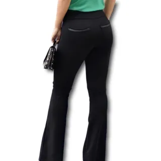 Calça Flare Feminina Crepe Cintura Alta com Detalhe em Cirrê - Preto