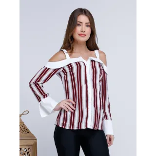 Blusa Listrada Manga Longa com Botões Frontais VV 12757 - Bordô/Branco
