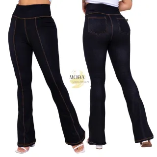 Detalhes na Frente: Calça Flare Feminina Jeans Boca de Sino com Cintura Alta - Preto