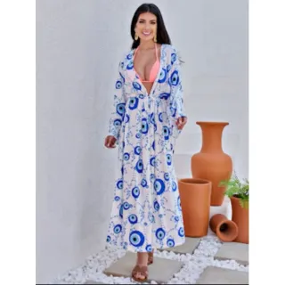 Moda 2022: Saída de Praia Estampada Manga Longa Olho Grego/Tropical - olho azul
