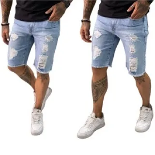 Promoção Bermuda Jeans Masculina Rasgada Lisa - Enviamos hoje - Jeans Liso Claro