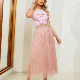 Moda Verão Saia Feminina Forrada de Tule Midi com Brilho - 3RD SD044 - Creme