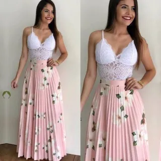 Moda Luxo Evento Saia Longa Feminina Plissada Estampada Floral - Branco off 2
