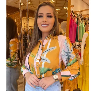 Estampada Chic Social Blusa Manga Longa com Botões - branco/azul/amarelo