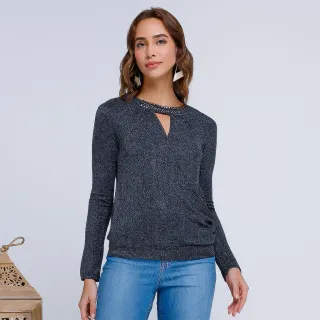 Blusa Lurex Manga Longa com Aplicações em Pedraria na Gola - Vermelho