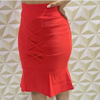 Saia Evangélica Sino Midi Feminina Babado Social Bengaline - Preto