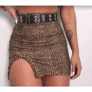 Saias curtas femininas com fenda sexy, mini saia - ANIMAL PRINT/ONCINHA