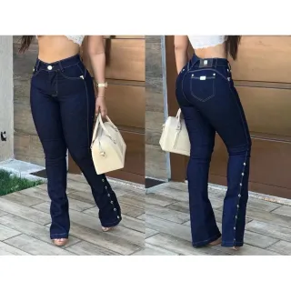 Modeladora Ilhós Calça Jeans Feminina Flare Cós Alto Com Laycra - 46
