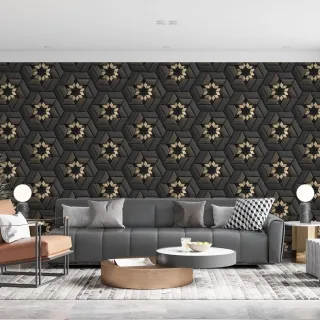 Papel de Parede Lavável Autocolante Geométrico Flor 3D Dourado e Cinza Escuro - Sala Quarto - Único
