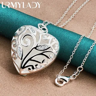 Corrente de colar feminino Prata 925 Pingente de Coração Oco 16-30 Polegadas - Corrente de cobra