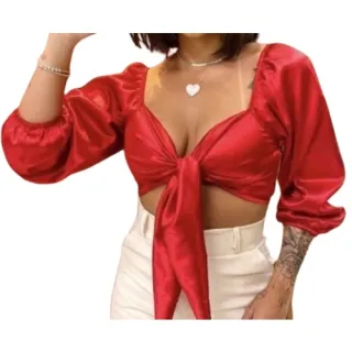 Blusa Feminina Top Cropped Cetim Bufante Amarrar Nó Frontal - Rosa Pink