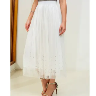 Moda Verão Saia Feminina Forrada de Tule Midi com Brilho - 3RD SD044 - Creme