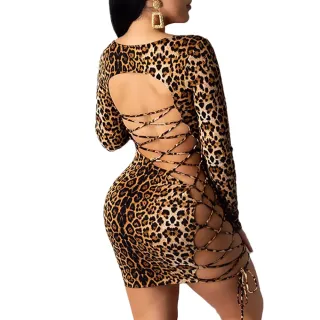 Estampa de Leopardo Vestido Curto Slim com Manga Comprida - Impressão de leopardo-S