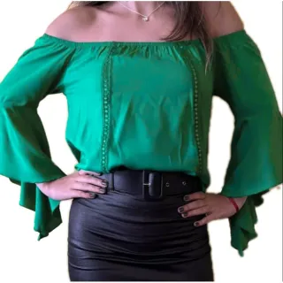 Manga Flare Blusa Ciganinha Feminina - Preto flor amarela