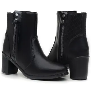 Dona Beja - Bota Confortável Feminina Salto Alto Cano Médio Exclusiva - Preto