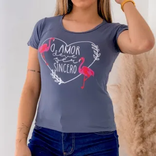 Camiseta Feminina Manga Curta Flamingo T-shirt - Marinho