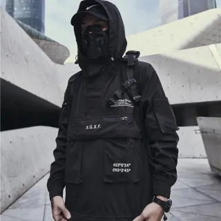 Jaqueta Masculina Techwear À Prova D'Água com Capuz Preto
