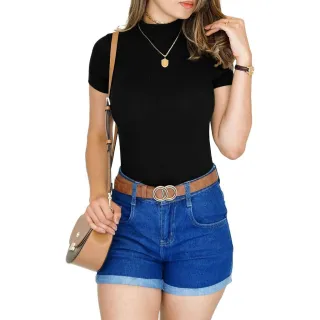 T-shirt Feminina Manga Curta Gola Alta Canelada Moda Evangélica - Azul Marinho