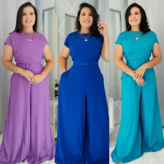 Moda Plus Size e Evangélica - Macacão Pantalona Social P/M/G/GG/XG com Cinto e Mangas - Telha-viscolinho